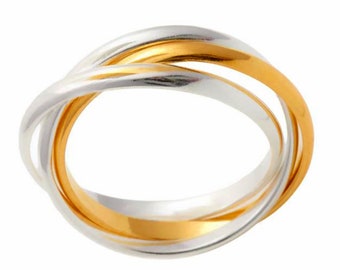 Anello a tre anelli rotanti, anello in argento sterling 925, anello bicolore, anello a tre anelli intrecciati, anello intrecciato, anello Trinity, fede nuziale, anello fatto a mano