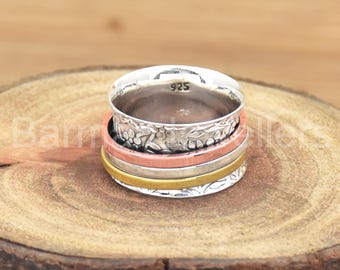 925 Sterling Silver Spinner Ring: Three Tone Brass & Copper Band Jewelry