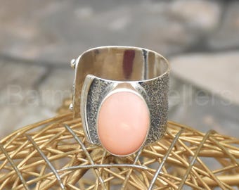 Handmade Pink Opal Ring: Textured 925 Sterling Silver Adjustable Band