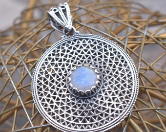 Natural Rainbow Moonstone Pendant, 925 Sterling Silver Jewelry for Gift