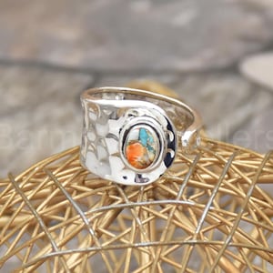 Oyster Copper Turquoise Ring, 925 Sterling Silver Gemstone Ring, Hammered with turquoise Ring, Gift Ring for men and women, Textured Jewelry