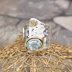 Blue Topaz Ring Silver Ring, Natural Gemstone Ring, 925 Sterling Silver Ring, New Gift ring, two tone ring, Promise Ring, Hammered band ring