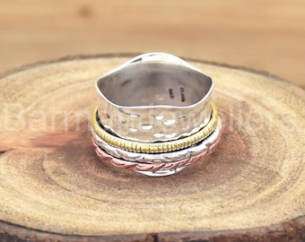 925 Sterling Silver Spinner Ring: Three Tone Meditation Band Jewelry