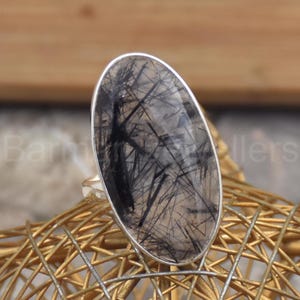 Handgemachter Schwarzer Rutilquarz Ring: Einstellbar 925 Sterling Silber Schmuck