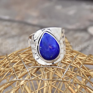 Hammered Lapis Lazuli Ring: 925 Sterling Silver Statement Jewelry