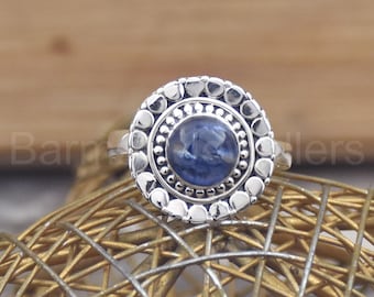 Anillo de piedra preciosa azul cianita natural, anillo de bodas de plata de ley 925 para hombres y mujeres