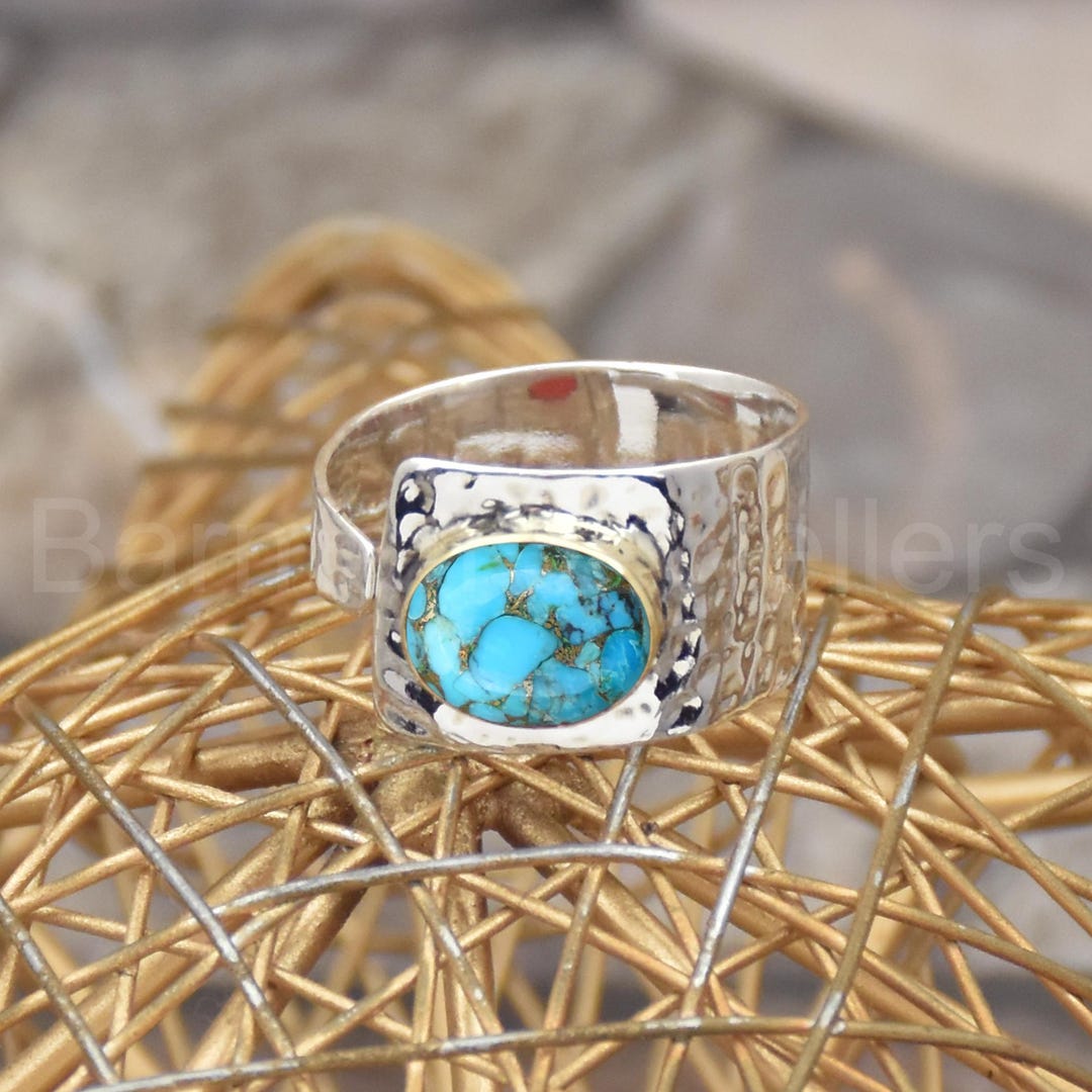 Blue Copper Turquoise 925 Sterling Silver Ring: Adjustable Two