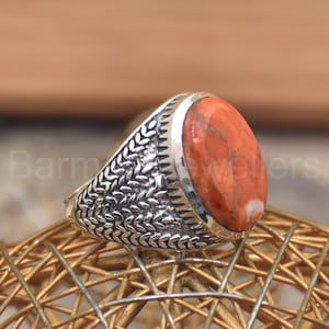 Sponge Coral Silver Ring, Antique Handmade Silver Ring, Orange Silver Ring, 925 Sterling Silver Gemstone Ring, Flower Textured Silver Ring