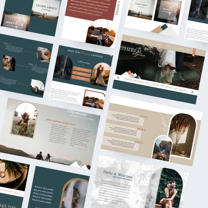 Op de afbeelding: Een verzameling website-ontwerplay-outs met een teal, beige en witte kleurstelling. De ontwerpen bevatten afbeeldingen van stellen, landschappen en tekst zoals "Ethereal Alpine" en "Hello & Welcome". De lay-outs zijn voor een fotografiebedrijf.