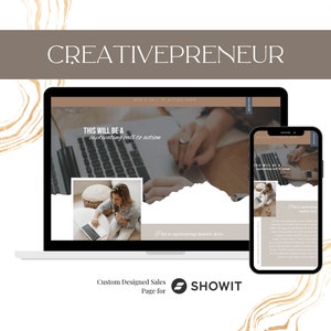 Pode incluir: A tela de um computador portátil que exibe um site com o texto "CREATIVEPRENEUR" e "THIS WILL BE A captivating call to action". O site é projetado com um fundo marrom claro e texto branco. O site também inclui um botão de chamada para ação que diz "ADD A CALL TO ACTION HERE".