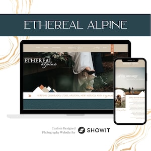 Op de afbeelding: Een laptop en smartphone tonen een website-ontwerp met de tekst "ETHEREAL ALPINE". De website toont een bruiloftthema met afbeeldingen van een stel. Het ontwerp bevat de tekst "SERVING COLORADO, UTAH, ARIZONA, NEW MEXICO, AND beyond".