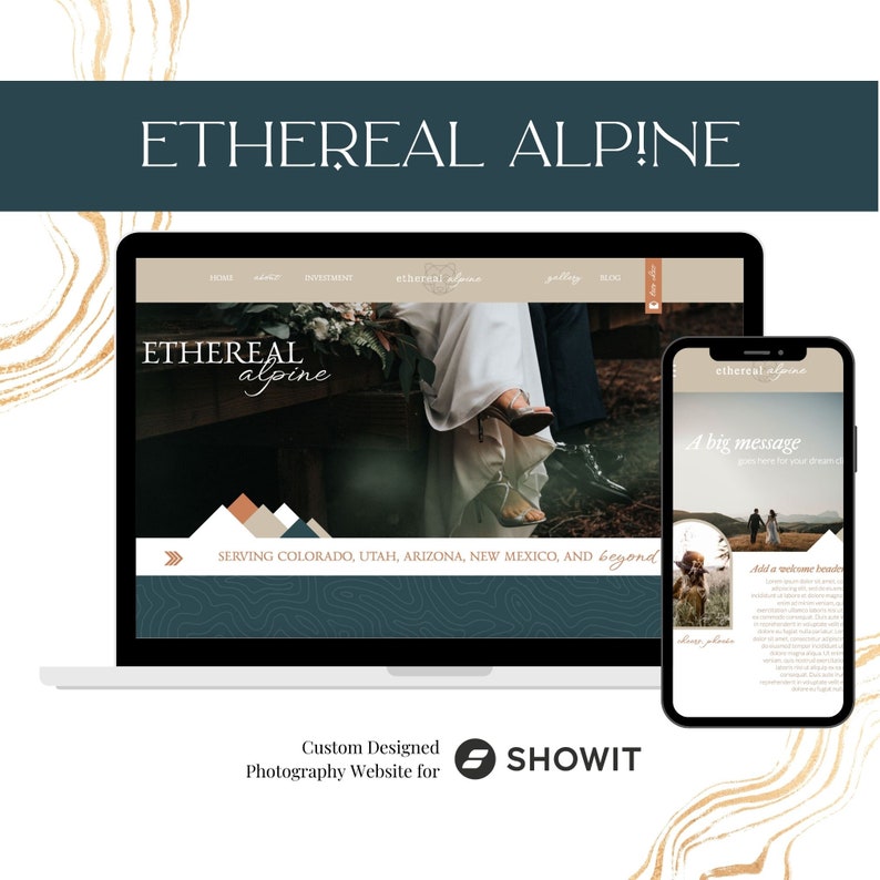 Op de afbeelding: Een laptop en smartphone tonen een website-ontwerp met de tekst "ETHEREAL ALPINE". De website toont een bruiloftthema met afbeeldingen van een stel. Het ontwerp bevat de tekst "SERVING COLORADO, UTAH, ARIZONA, NEW MEXICO, AND beyond".