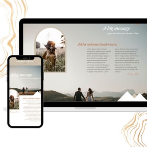 Op de afbeelding: Een digitale mockup met een smartphone en een laptop die een website-ontwerp weergeven. Het ontwerp bevat afbeeldingen van een stel, tekst en een logo. Het thema van de website lijkt gerelateerd te zijn aan bruiloften of fotografie, met een neutraal kleurenpalet en gouden accenten.