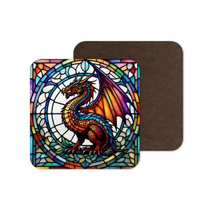May include: A colourful stained glass design of a dragon with orange, red, blue, and purple wings. The dragon is set against a background of a circular stained glass pattern.