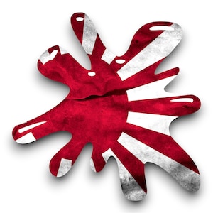 May include: A red and white splatter paint design in the shape of a starburst, resembling the Japanese flag.