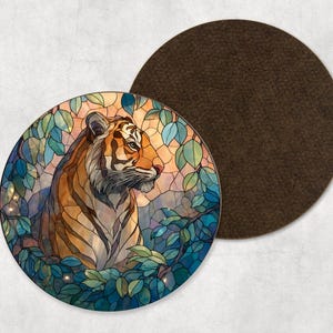 Bengal Tiger Jungle Animal Stained Glass Style Round Coaster – Colourful Mug Mat – Tea Coffee Cup Drink Mat – Kitchen Home Décor Gift
