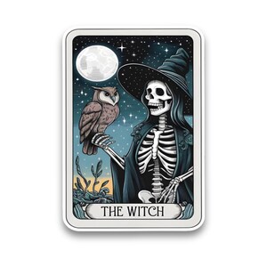 May include: A tarot card illustration featuring a skeletal figure in a witch's hat and robe, holding an owl. The card is titled "THE WITCH" and has a crescent moon and stars in the background.