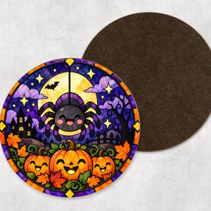 May include: A round coaster featuring a stained-glass style illustration of a smiling spider hanging before a full moon, with a haunted house, bare trees, and three grinning jack-o'-lanterns surrounded by autumn leaves in shades of orange.