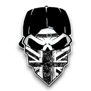 May include: A black and white skull wearing a black baseball cap with a blue "CTO" sticker and a black and white bandana with a Union Jack pattern.