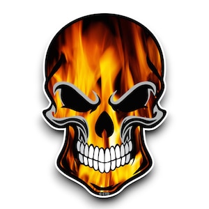 May include: A fiery orange and yellow skull with a black outline and a white smile. The skull is set against a white background.