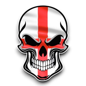 May include: A skull with a red cross on a white background, resembling the flag of England.