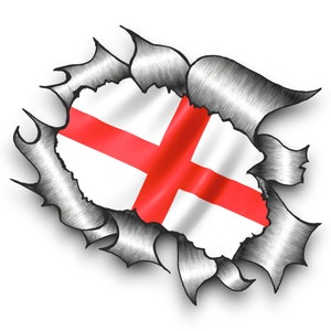 May include: The flag of England, a red cross on a white background, is shown through a torn piece of metal.