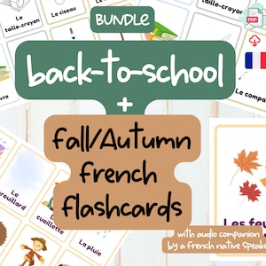 Bundle French Flashcards Fall Season and Back to School Printables Super Cute Cards for Todllers and Kids France Flash Cards Homeschooling.
