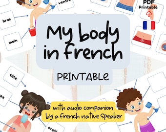 May include: Printable worksheet for learning body parts in French. The worksheet features a cartoon illustration of a child with labels for body parts, including head, arm, hand, belly, and ear. The text "My body in French" is written in large, bold letters at the top of the worksheet.