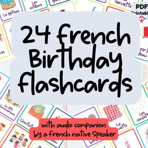 24 Birthday Party French Flashcards France Montessori Cards Toddlers Kids Print at home Educational Digital Download homeschooling material