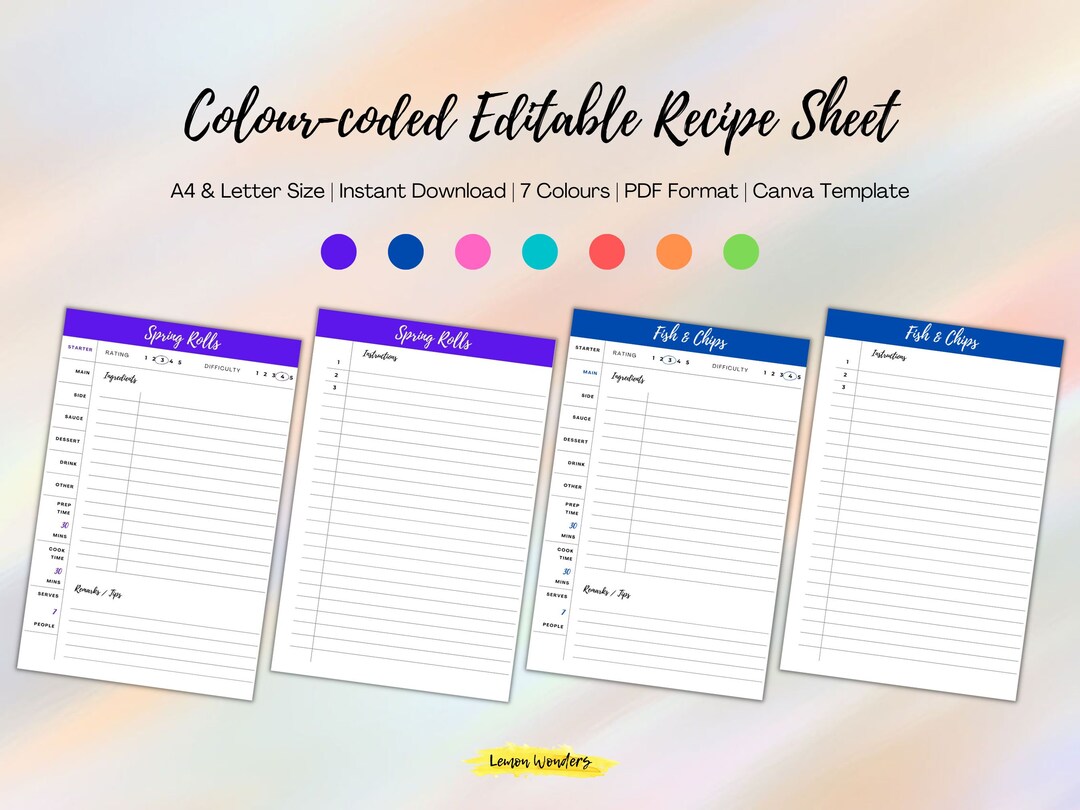 Colour-coded Editable Recipe Template Printable Recipe Sheet - Etsy