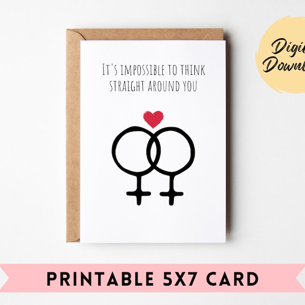 Can't Think Straight | Downloadable Lesbian Valentines | Lesbian Valentines Card | Funny Valentines | Gift for Her | Female Sign | Printable