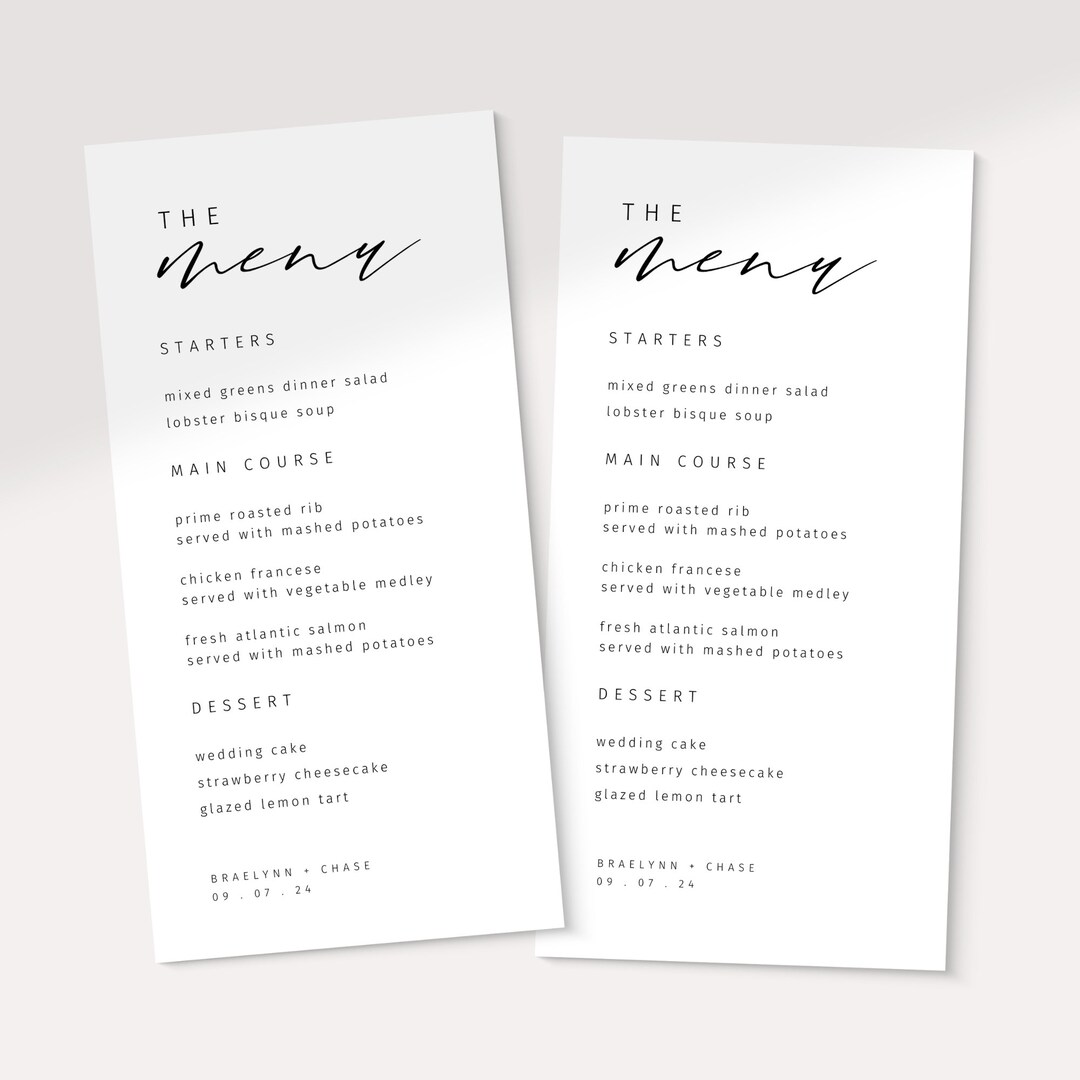 Editable Wedding Menu Card Template Reception Dinner Menu Etsy