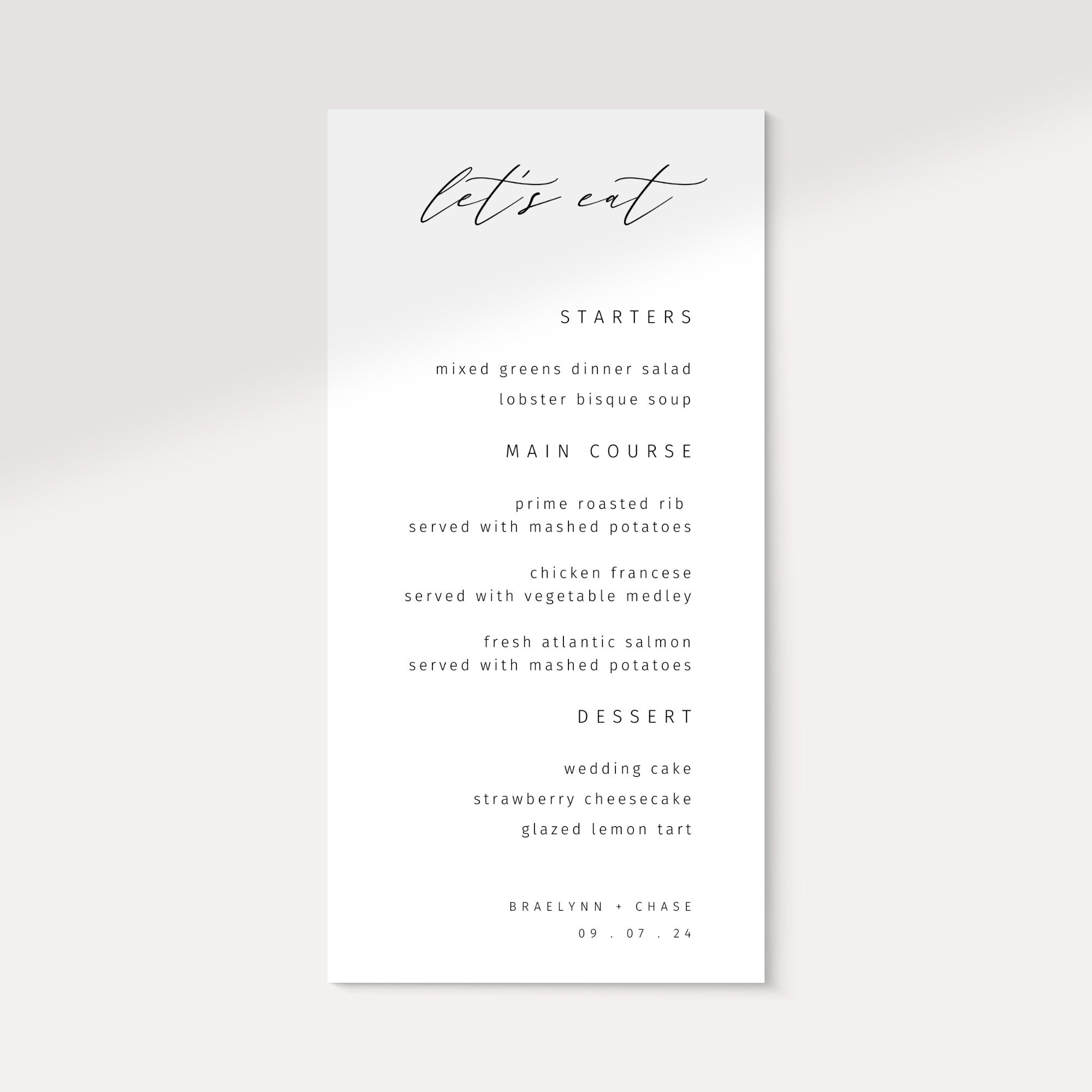 Editable Wedding Reception Menu Card Template Lets Eat Right Etsy