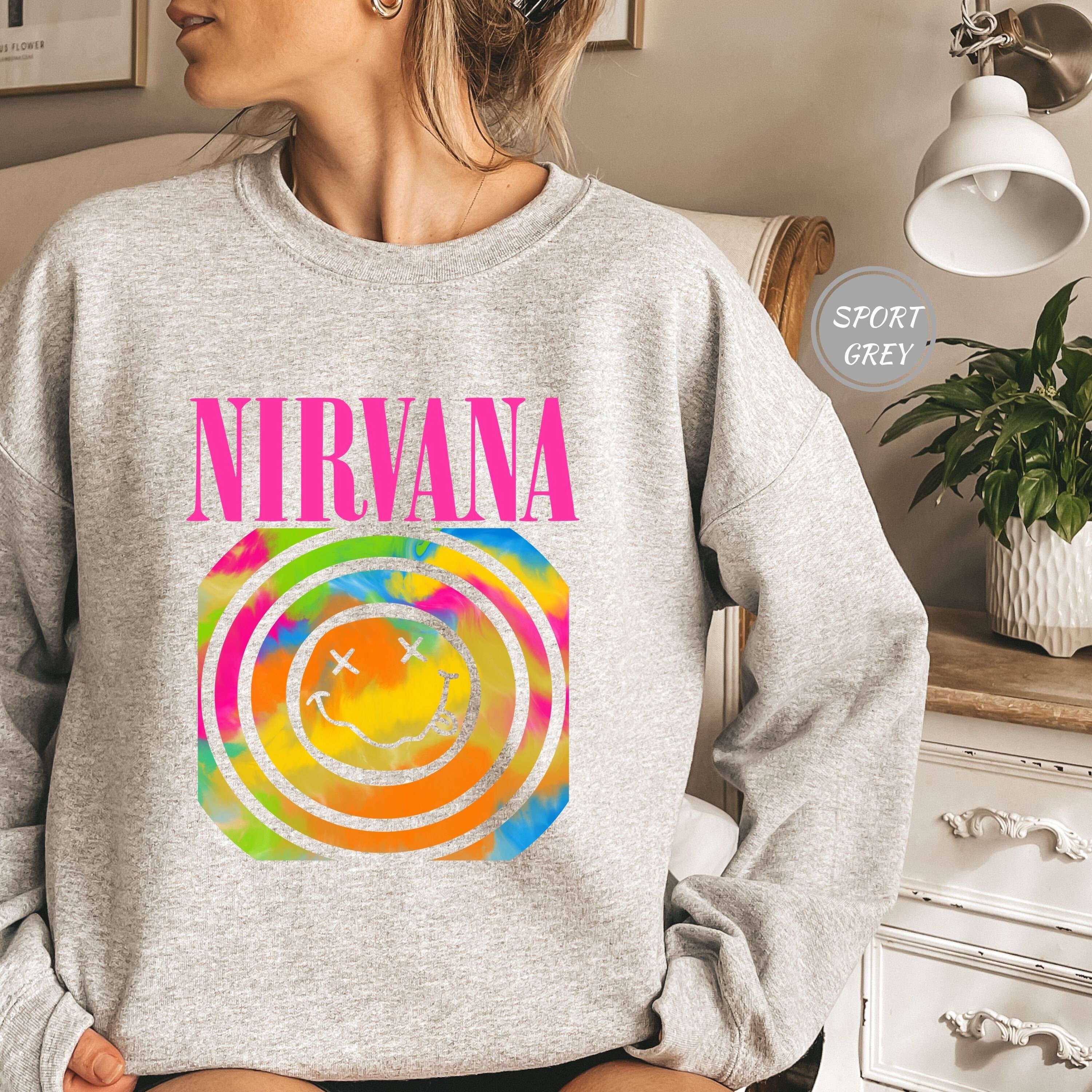 Discover Nirvana Smile Face Unisex Sweatshirt, Heliconia Pink Color, Nirvana Smile Overdyed Shirt