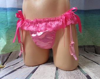 3" Floral Lace Garter Belt, w/Attached Satin Thong, 4 Hooks, Bows