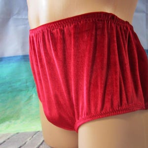 Puede incluir: Primer plano de ropa interior de terciopelo rojo. La cintura el&aacute;stica es visible y la tela tiene un aspecto suave y texturizado. La ropa interior es de color rojo vivo liso.