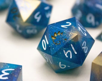 Stardust • Handmade Blue/Gold Galaxy Sharp Edge Dice Set D&D TTRPG