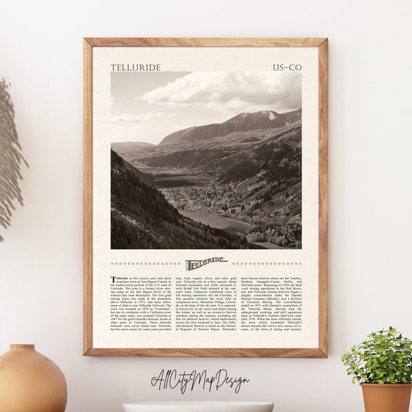 City Travel Print, Telluride Print, Print Black and White Skyline, Retro Travel Poster, City Photo Gift, Office Wall Art, Hometown Map