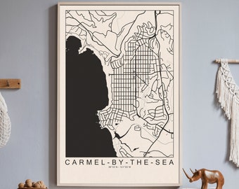 City Travel Black and White Print, Carmel-by-the-Sea Print, Print Black and White Map, Retro Travel Poster, City Map Gift, Hometown Map