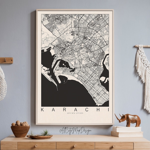 Karachi Poster Map, City Travel Print, Poster Print, Print Black and White Map, Retro Travel Print, City Map Gift, Office Wall Art