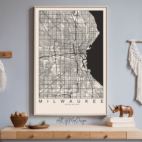 Milwaukee Poster Map, City Travel Print, Poster Print, Print Black and White Map, Retro Travel Print, City Map Gift, Office Wall Art