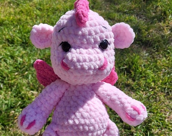 Crocheted Pink Dragon, Soft Stuffed animal, Crochet Amigurumi, Handmade Stuffy, Soft Plush, Chunky Plushie, kids toys, birthday gift