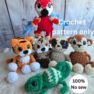 Dangle Darlings Jungle Animals Fidget Crochet Pattern 6-in-1 Bundle Digital Download, No-sew Parrot, Chameleon, Sloth, Monkey, Tiger/Leopard