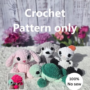 May include: A collection of four plush crochet toys including a pink rabbit, a gray dog, a black and white cat, and a green turtle. The image features the text Crochet Pattern only and 100% No sew, with an inset showing a bright pink turtle.