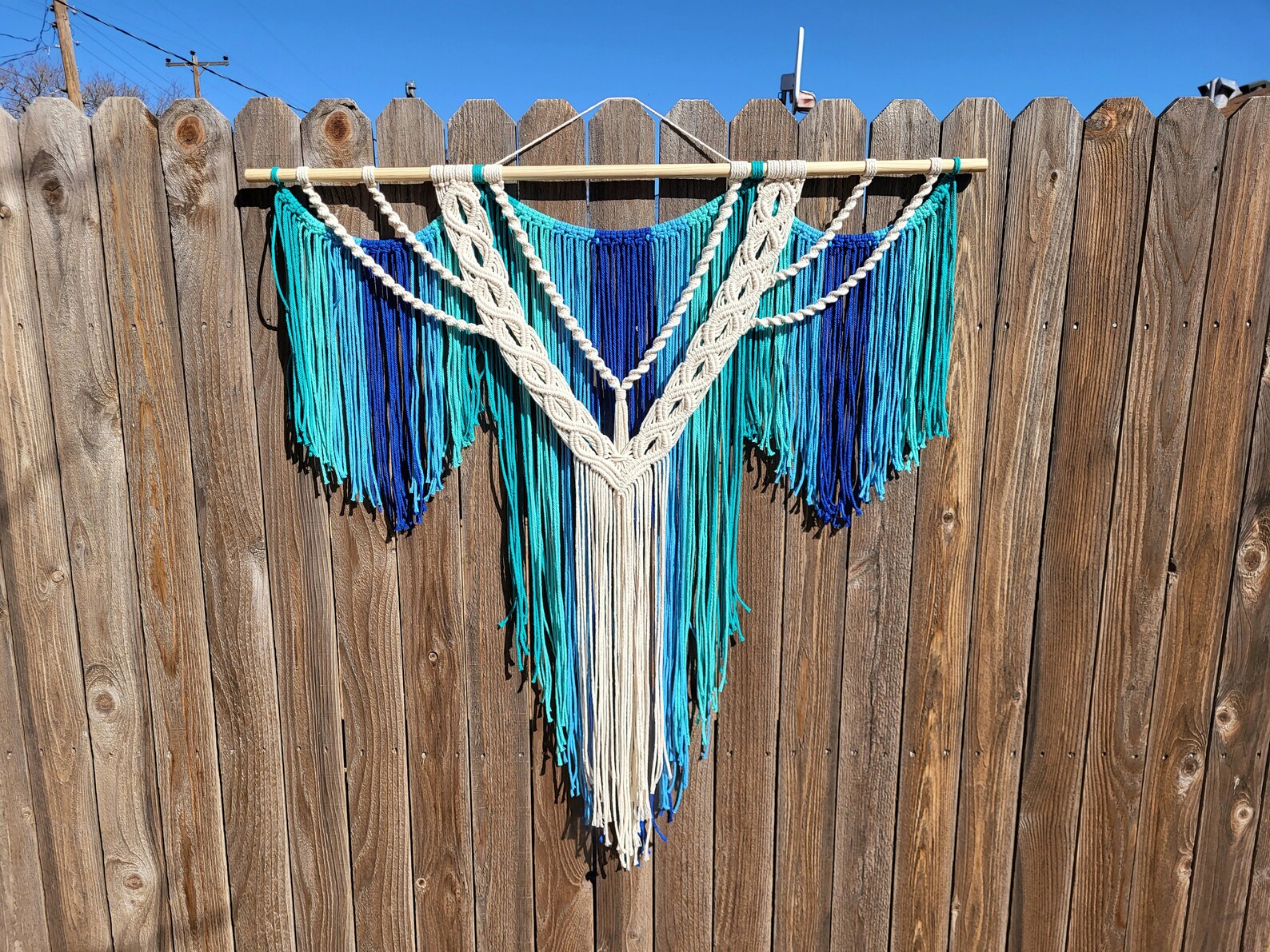 Large Macrame Wall Hanging, Boho Decor, Teal, Blue, White, Headboard
