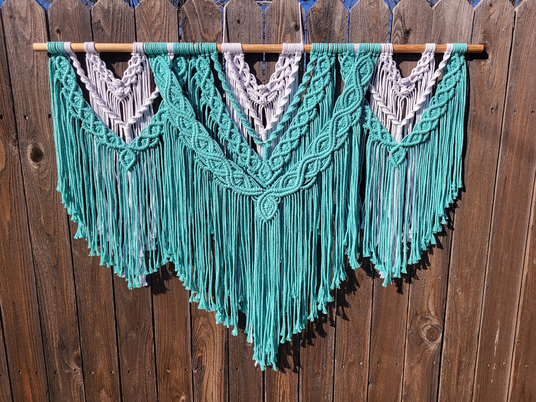 Large Macrame Wall Hanging, Boho Decor, Teal and White, Headboard, Handmade Art, Living Room