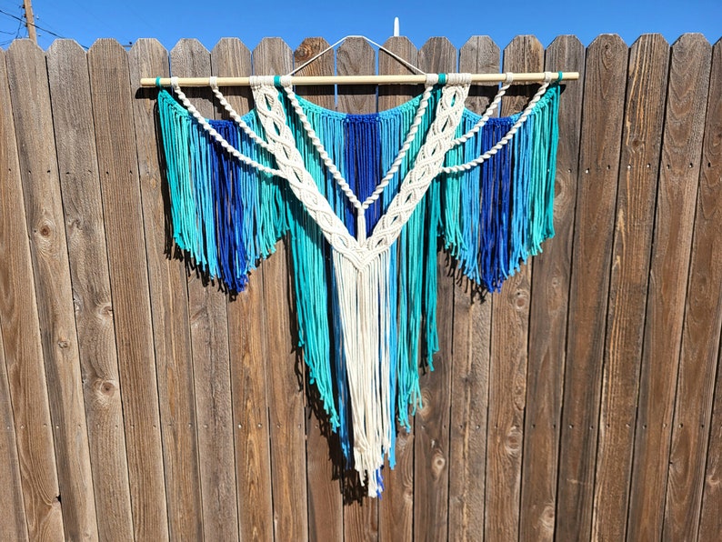 Large Macrame Wall Hanging, Boho Decor, Teal, Blue, White, Headboard, Handmade Art, Living Room