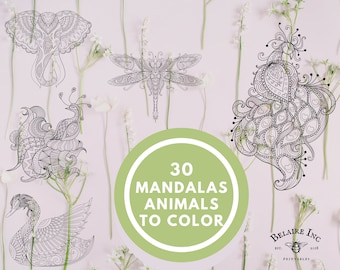 30 Mystic Animals Mandalas Coloring Pages - Printable Adult Coloring Book for Meditation, Instant Download, Elegant Designs, Wall Art