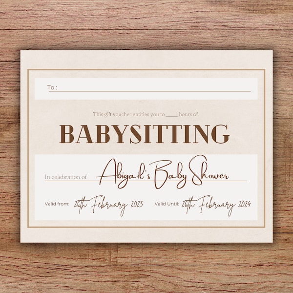 Personalised BABY SHOWER gift voucher BABYSITTING voucher