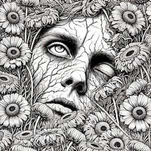 Könnte beinhalten: Eine Schwarzweißillustration eines menschlichen Gesichts mit einer detaillierten, geäderten Textur. Das Gesicht ist von einer dichten Anordnung von schwarzen und weißen Blumen umgeben.